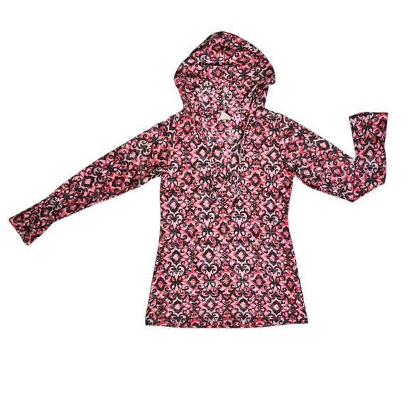 Beachy Hooded Swimsuit Cover Up Women M/L Red Pink Long Sleeve Vacation Colorful - Picture 1 of 14